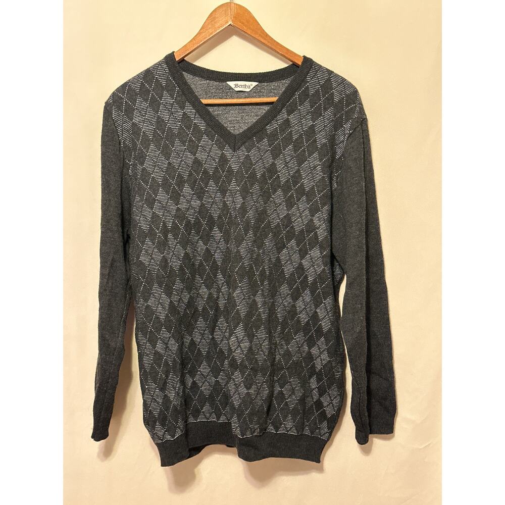 BERTHA made in Italy Merinos Fine Wool Argyle Sweater 58 XXL Black and Grey